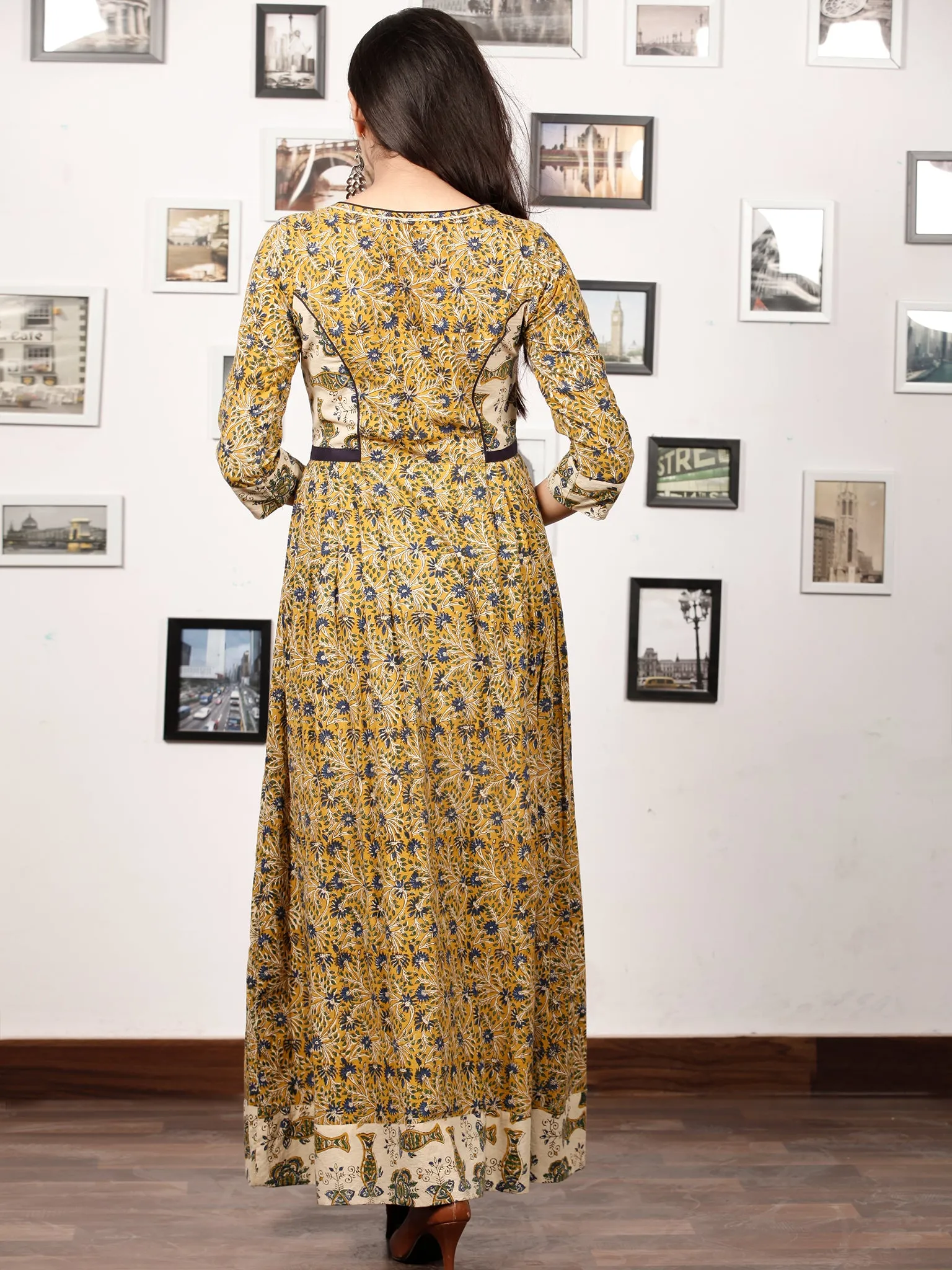 Mustard Spring - Hand Block Printed Cotton Long Gathers Dress - D318F1309