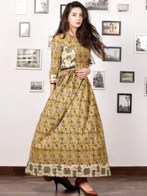 Mustard Spring - Hand Block Printed Cotton Long Gathers Dress - D318F1309