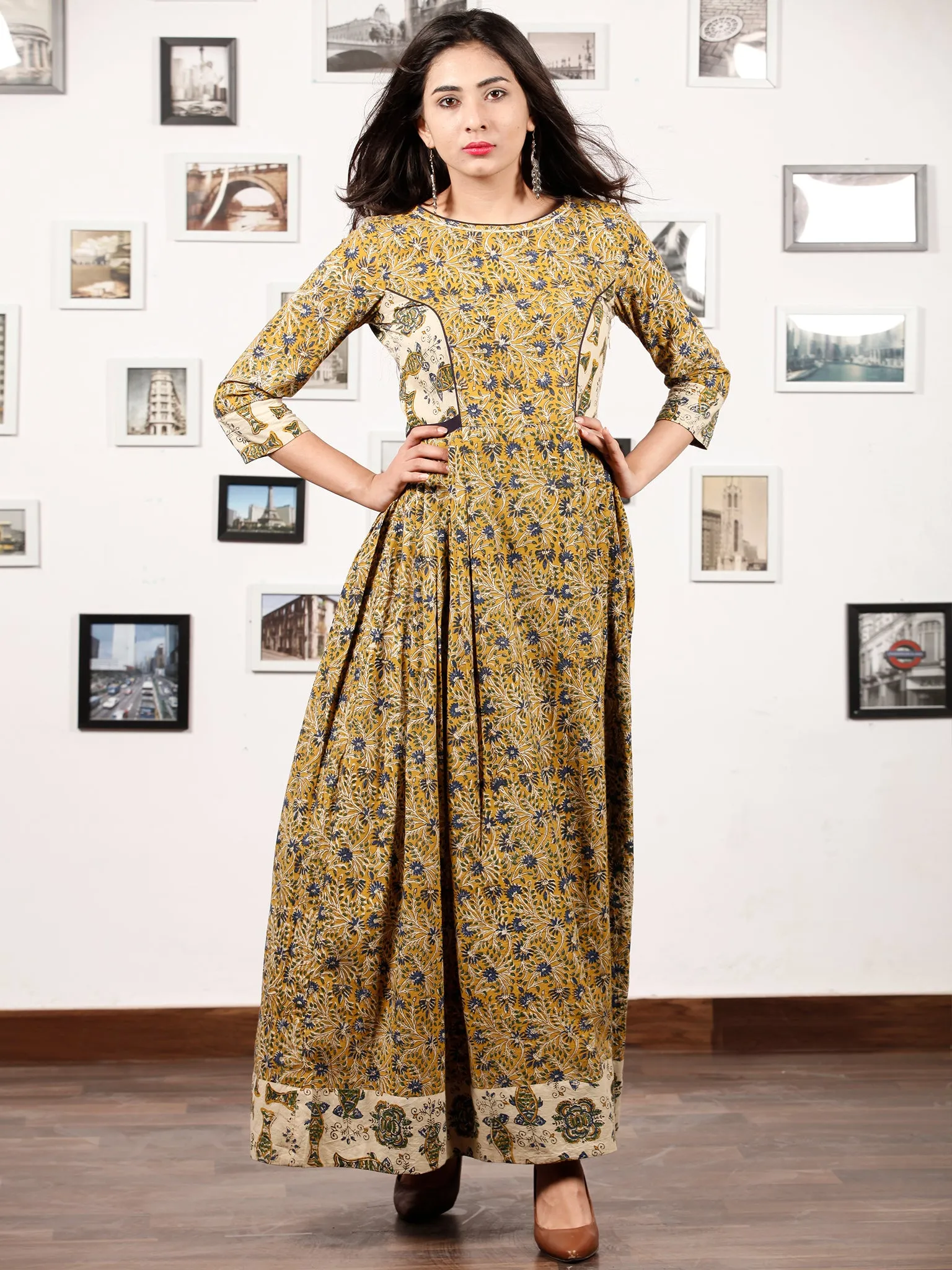 Mustard Spring - Hand Block Printed Cotton Long Gathers Dress - D318F1309