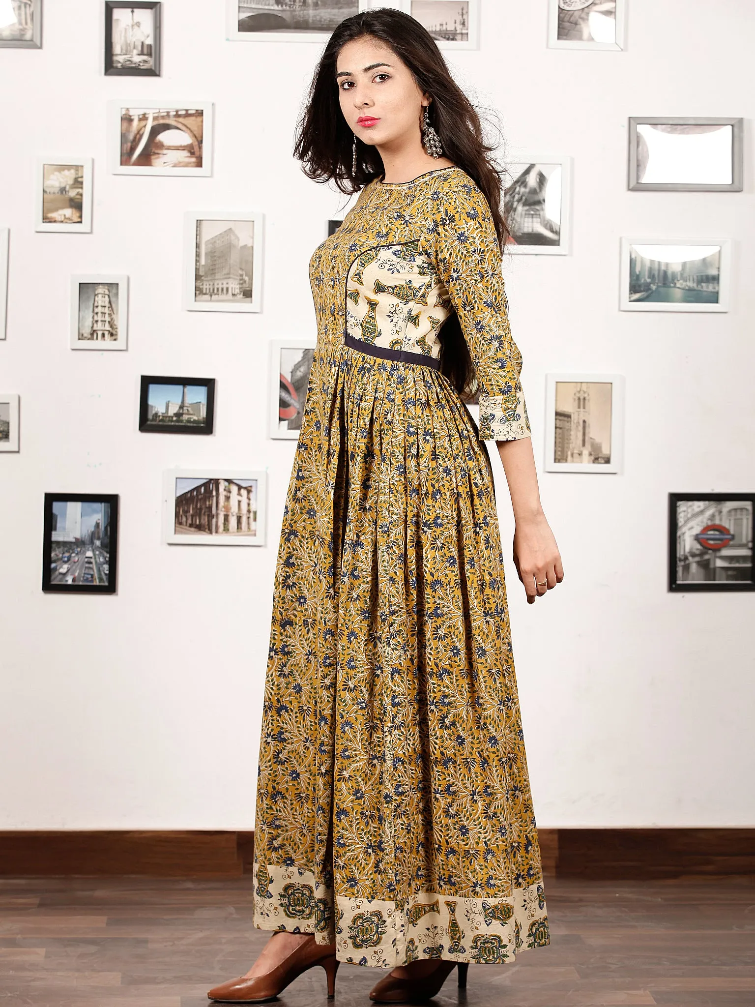 Mustard Spring - Hand Block Printed Cotton Long Gathers Dress - D318F1309