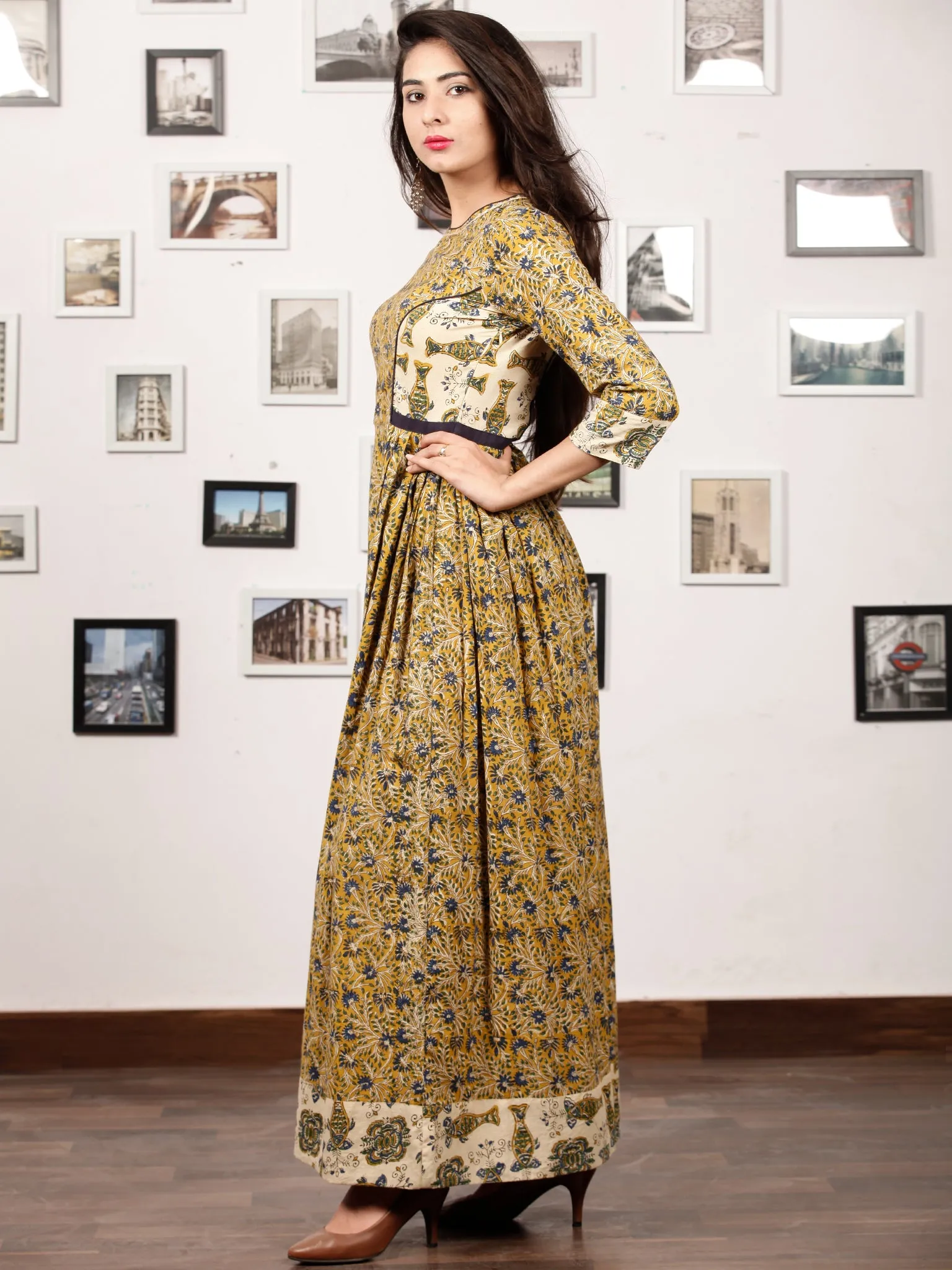 Mustard Spring - Hand Block Printed Cotton Long Gathers Dress - D318F1309