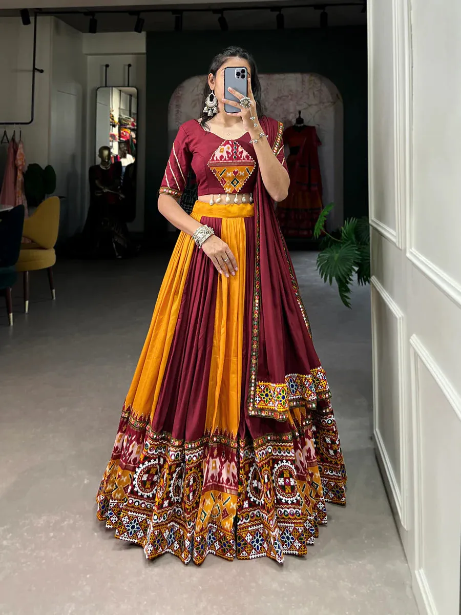 Mustard Vibrant Printed Silk Lehenga with Gamthi & Mirror Work