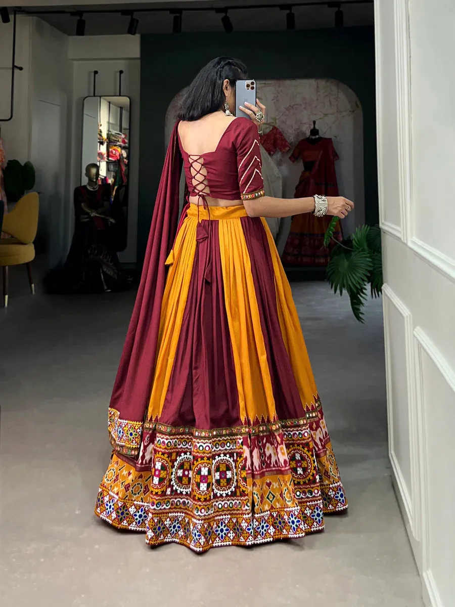 Mustard Vibrant Printed Silk Lehenga with Gamthi & Mirror Work