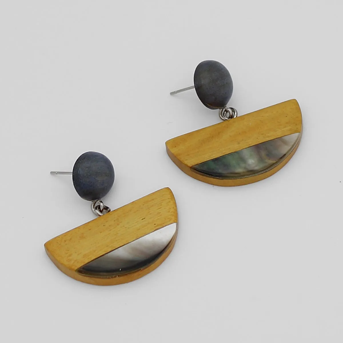 Mustard Wood and Shell Half Moon Earrings