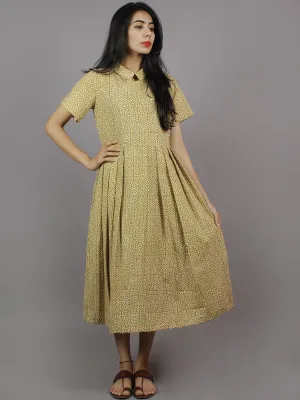 Mustard Yellow & Ivory Hand Block Cotton Dress With Knife Pleats & Side Pockets- D3942901