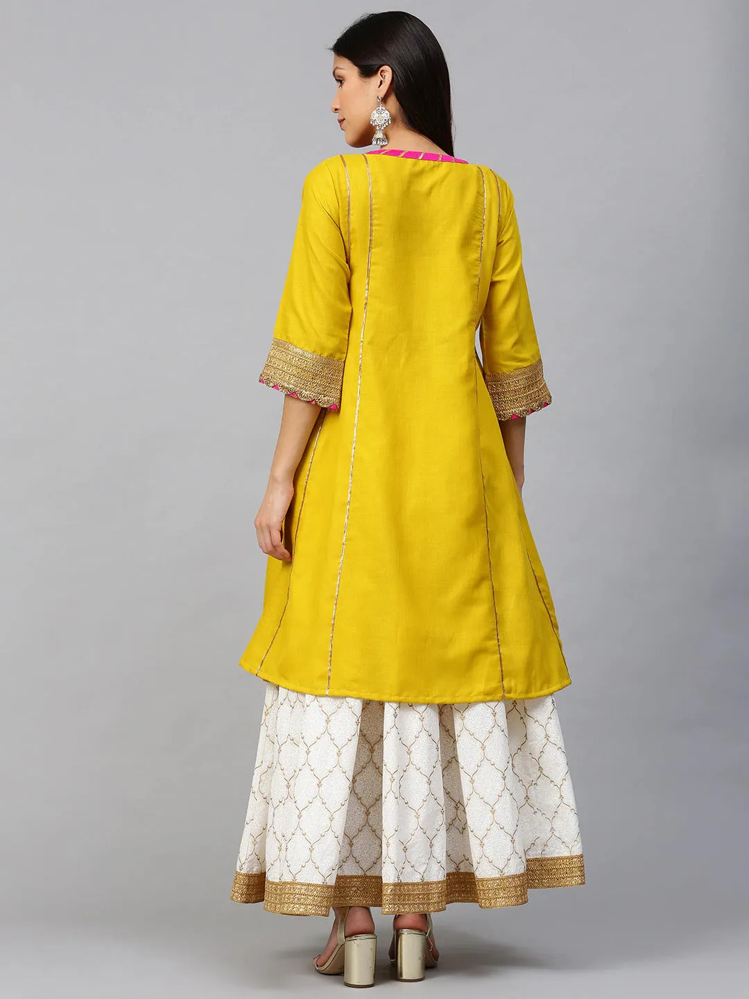 Mustard Yellow And White Gotta Patti Striped Kurta With Block Printed Skirt