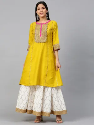 Mustard Yellow And White Gotta Patti Striped Kurta With Block Printed Skirt