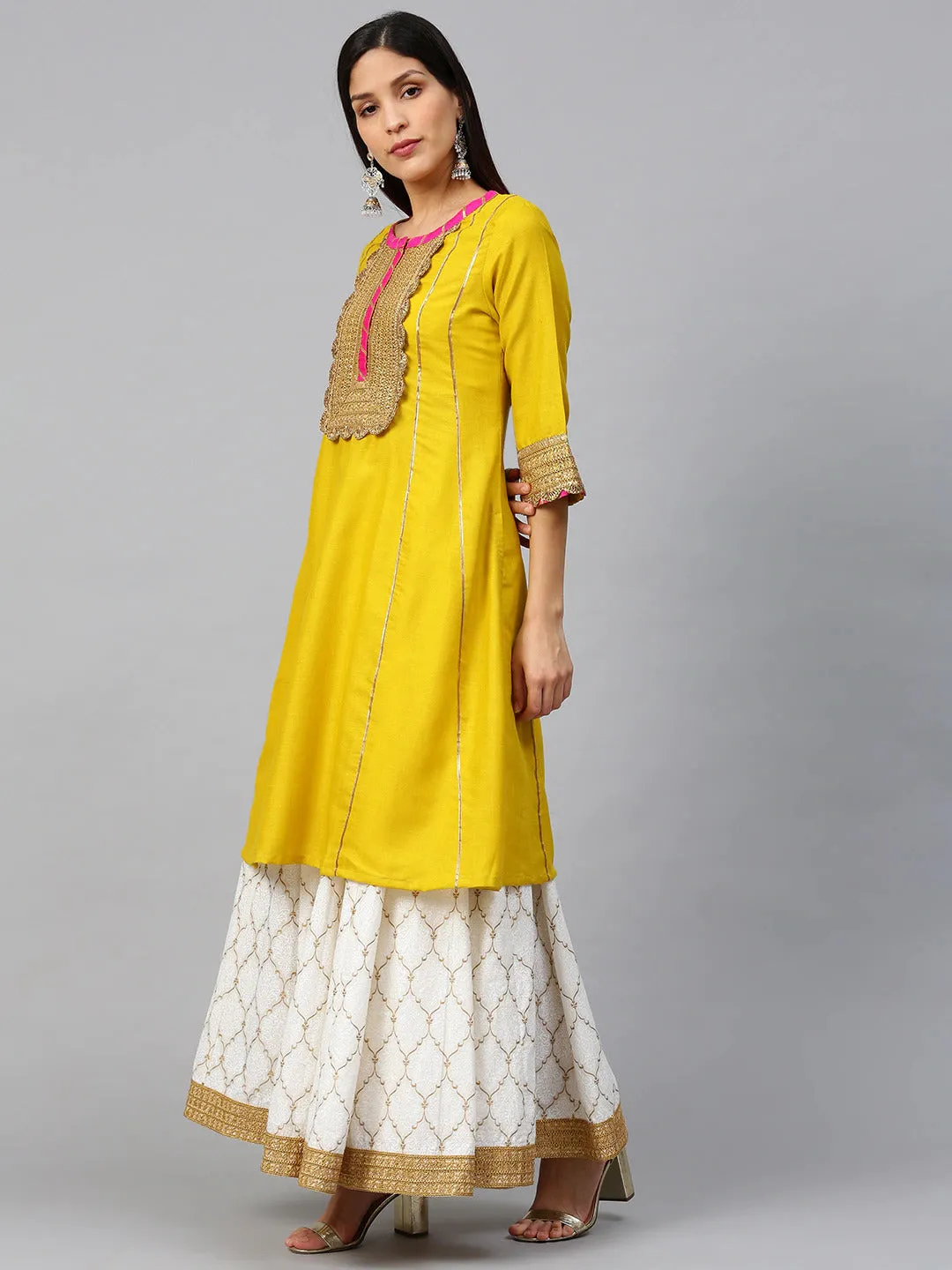 Mustard Yellow And White Gotta Patti Striped Kurta With Block Printed Skirt