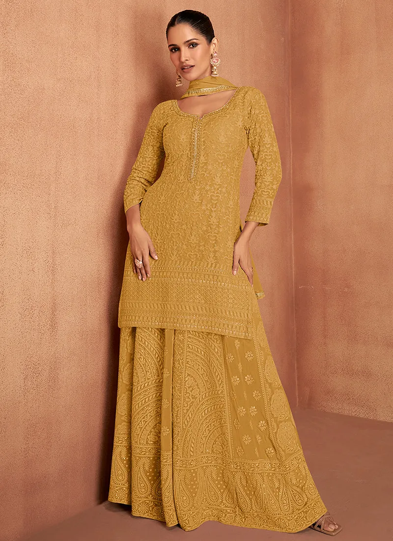 Mustard Yellow Chikankari Embroidery Festive Palazzo Suit