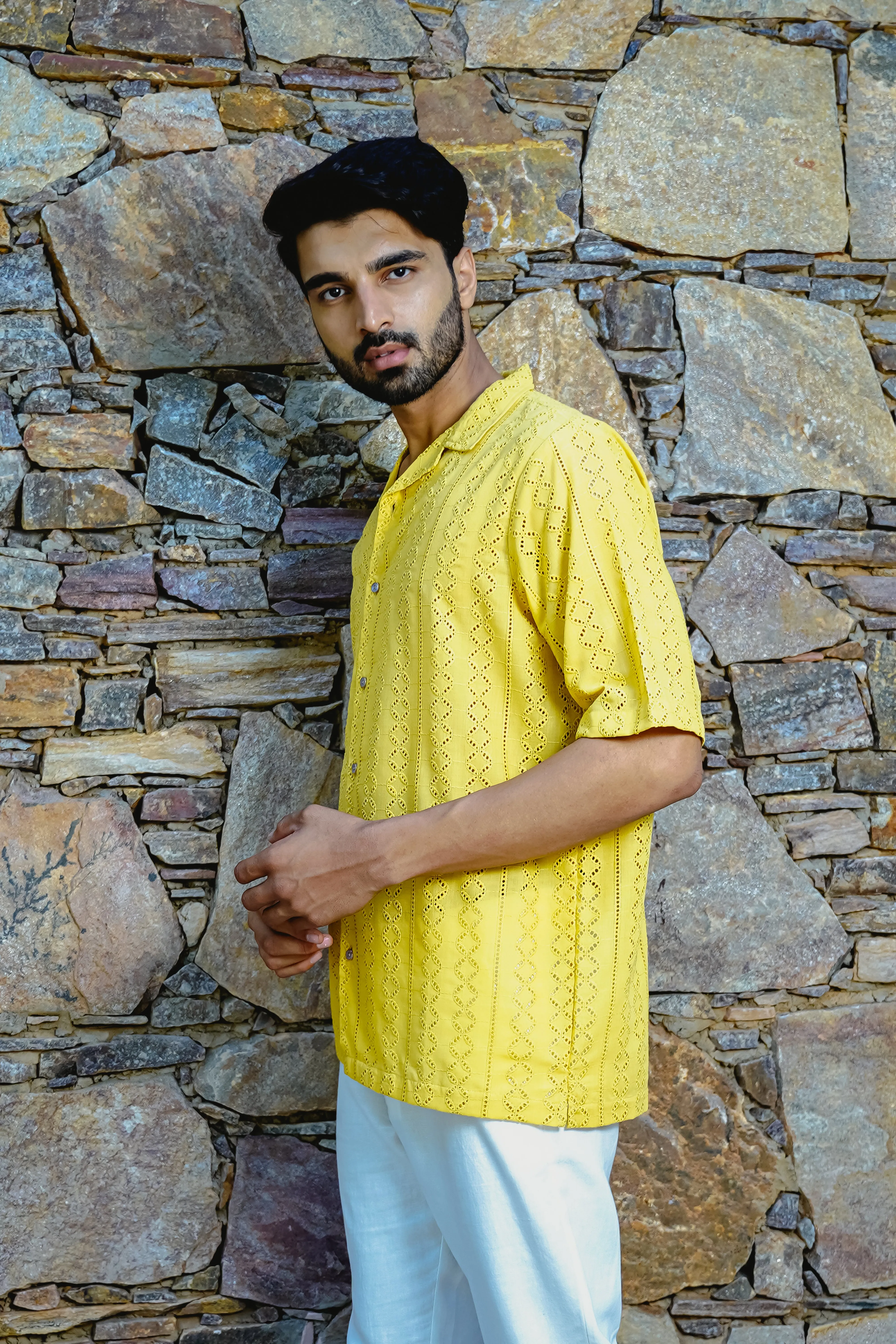 MUSTARD YELLOW CUBAN COLLAR SHIRT WITH CUTWORK EMBROIDERY DETAILS