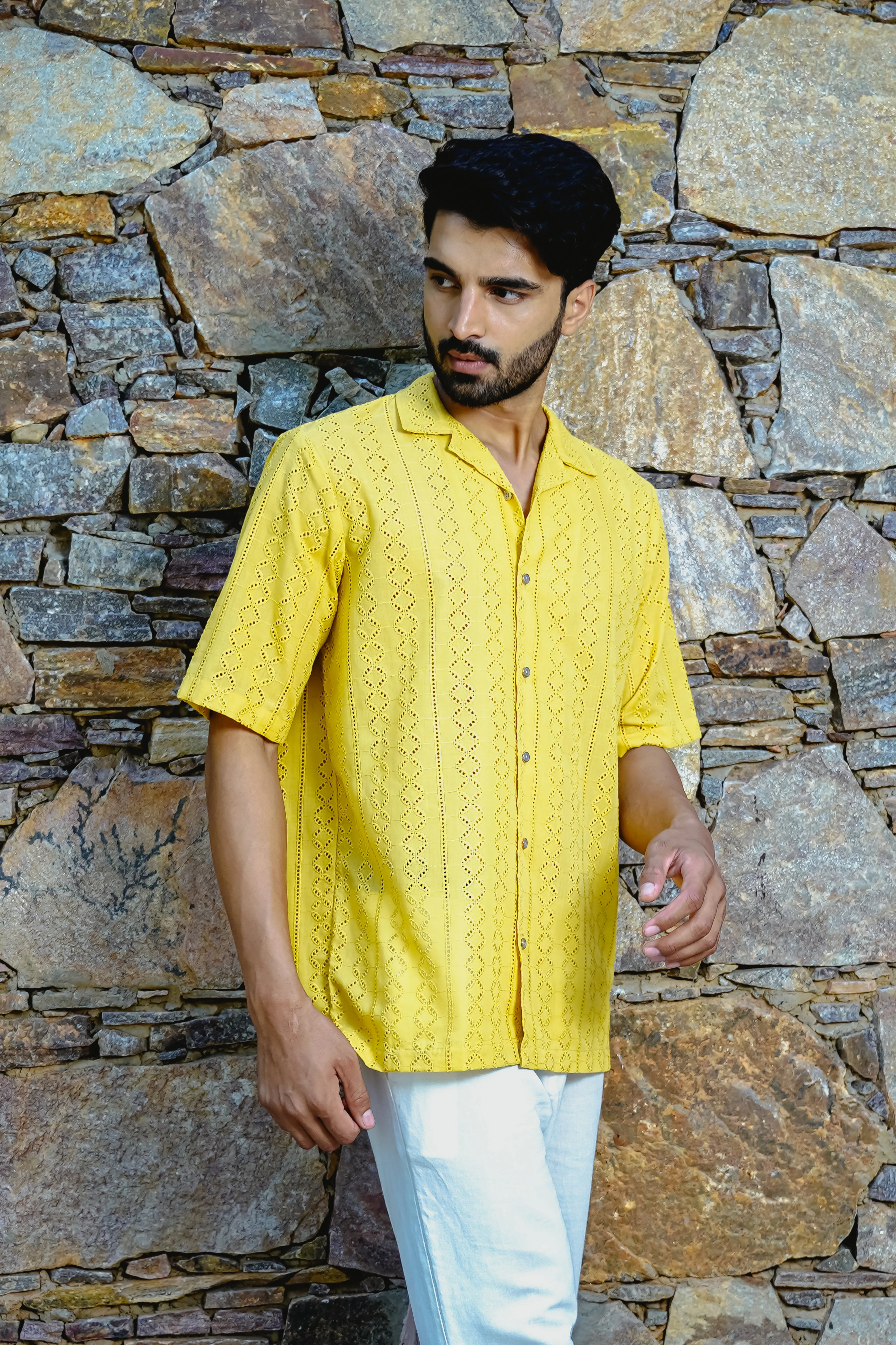 MUSTARD YELLOW CUBAN COLLAR SHIRT WITH CUTWORK EMBROIDERY DETAILS