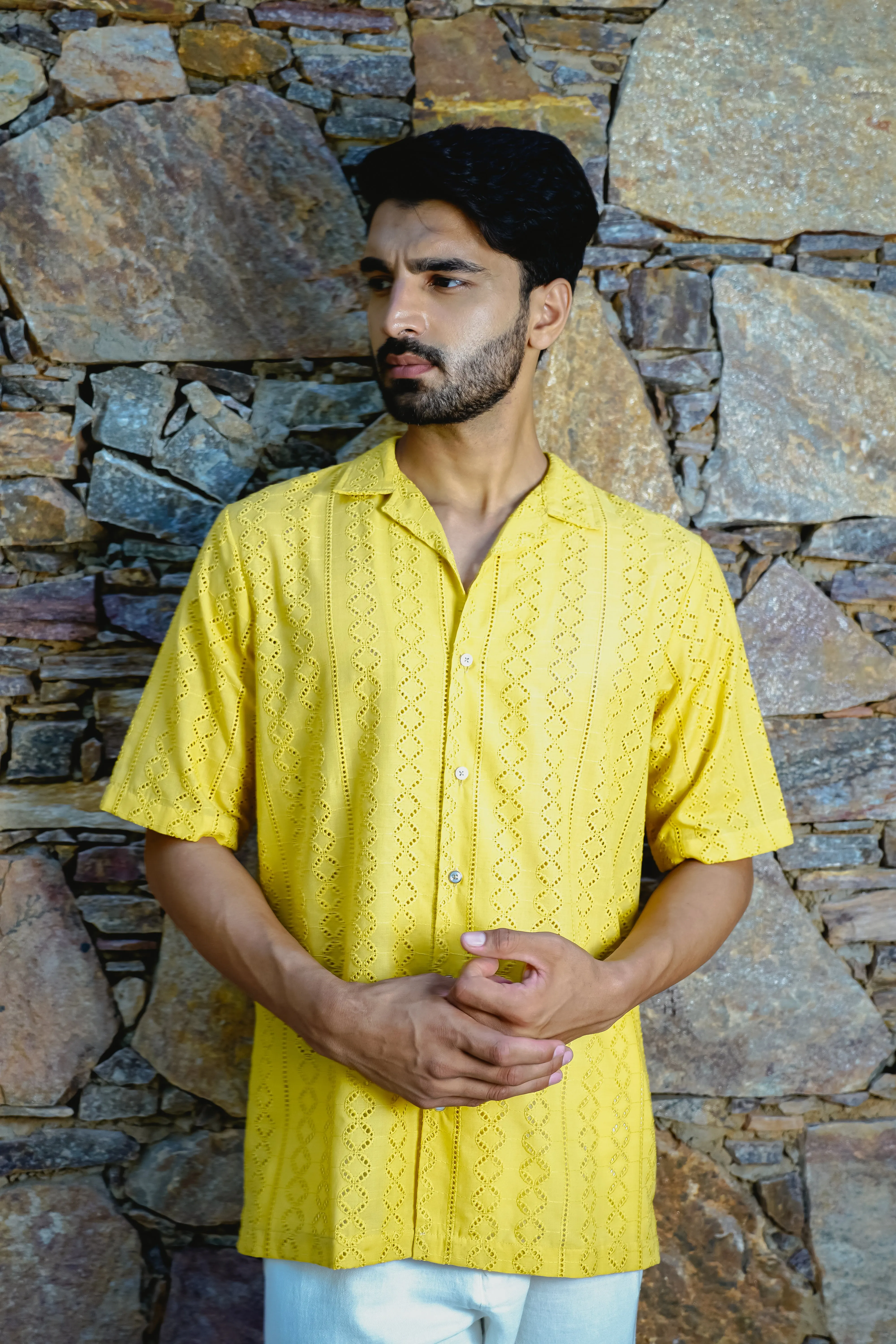 MUSTARD YELLOW CUBAN COLLAR SHIRT WITH CUTWORK EMBROIDERY DETAILS