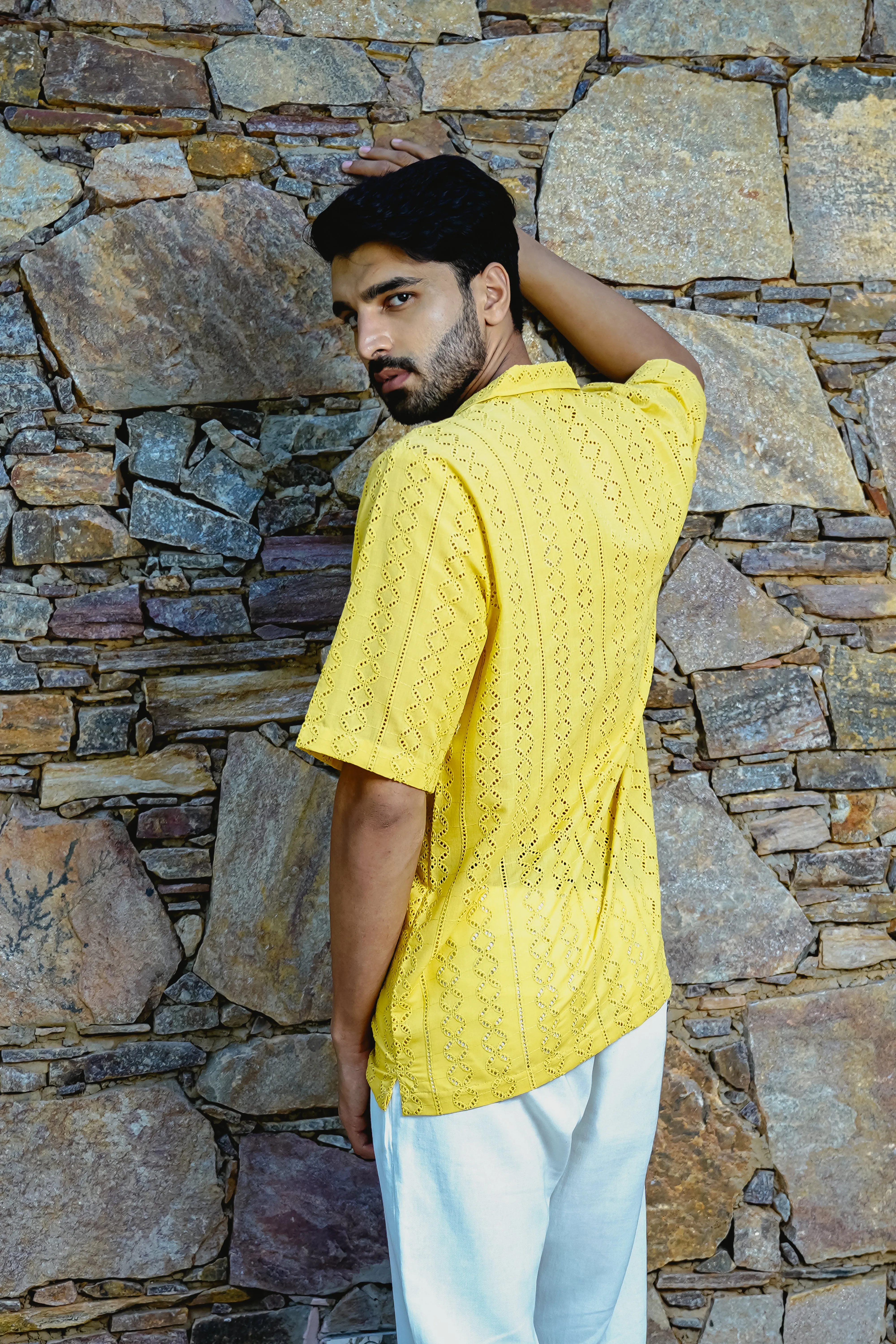 MUSTARD YELLOW CUBAN COLLAR SHIRT WITH CUTWORK EMBROIDERY DETAILS