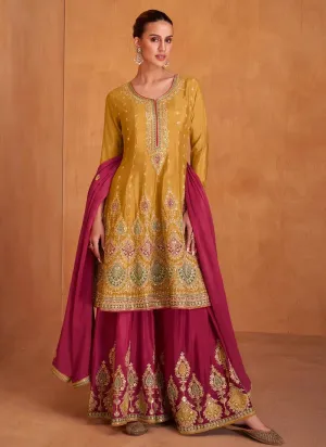 Mustard Yellow Elegant Embroidered Chinon Suit Set with Dupatta