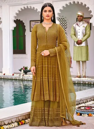 Mustard Yellow Embroidered Anarkali Style Gharara Suit