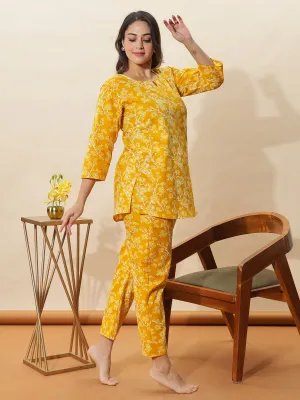 Mustard Yellow Floral Cotton Pyjama Set for Women Cozy & Chic Nightwear