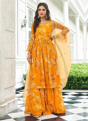 Mustard Yellow Floral Print Sharara Suit