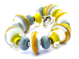 Mustard Yellow, Gray and White Beaded Toggle Bracelet