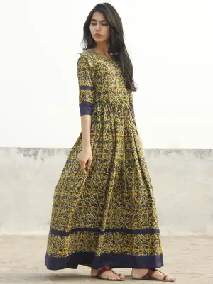 Mustard Yellow Indigo Green Ivory Long Hand Block Cotton Dress With Back Details  - D137F994