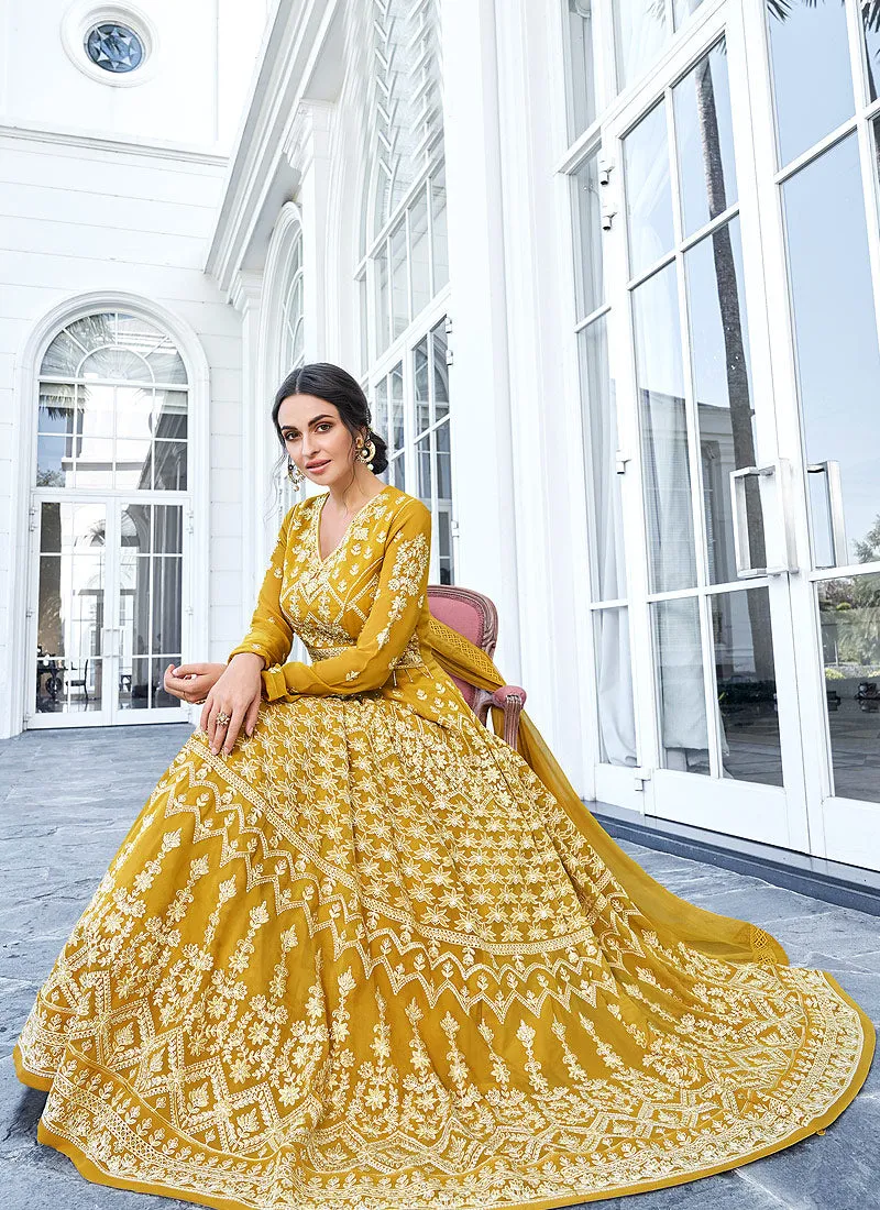 Mustard Yellow Lucknowi Embroidered Anarkali Suit