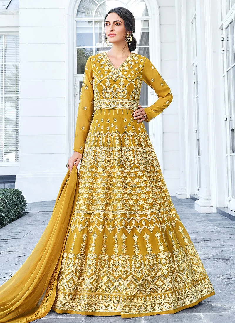 Mustard Yellow Lucknowi Embroidered Anarkali Suit