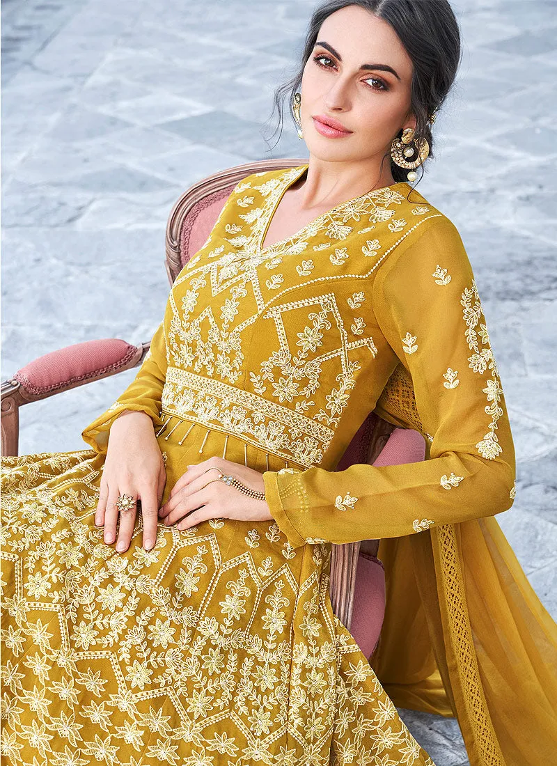 Mustard Yellow Lucknowi Embroidered Anarkali Suit