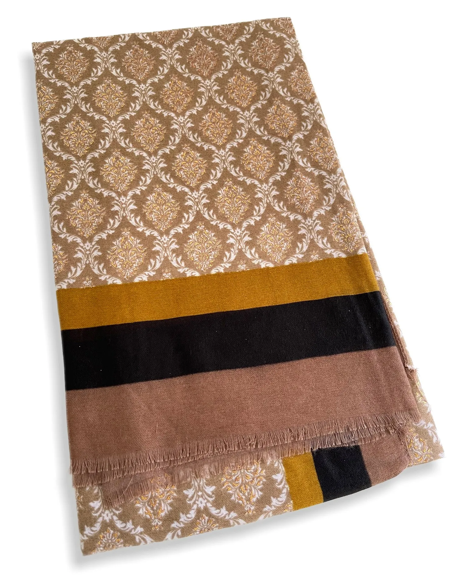 MUSTARD YELLOW METALLIC PAISLEY PRINT PASHMINA SHAWL SCARF WITH STRIPES