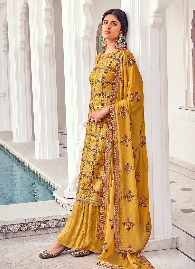 Mustard Yellow Multi Embroidered Indian Gharara Suit