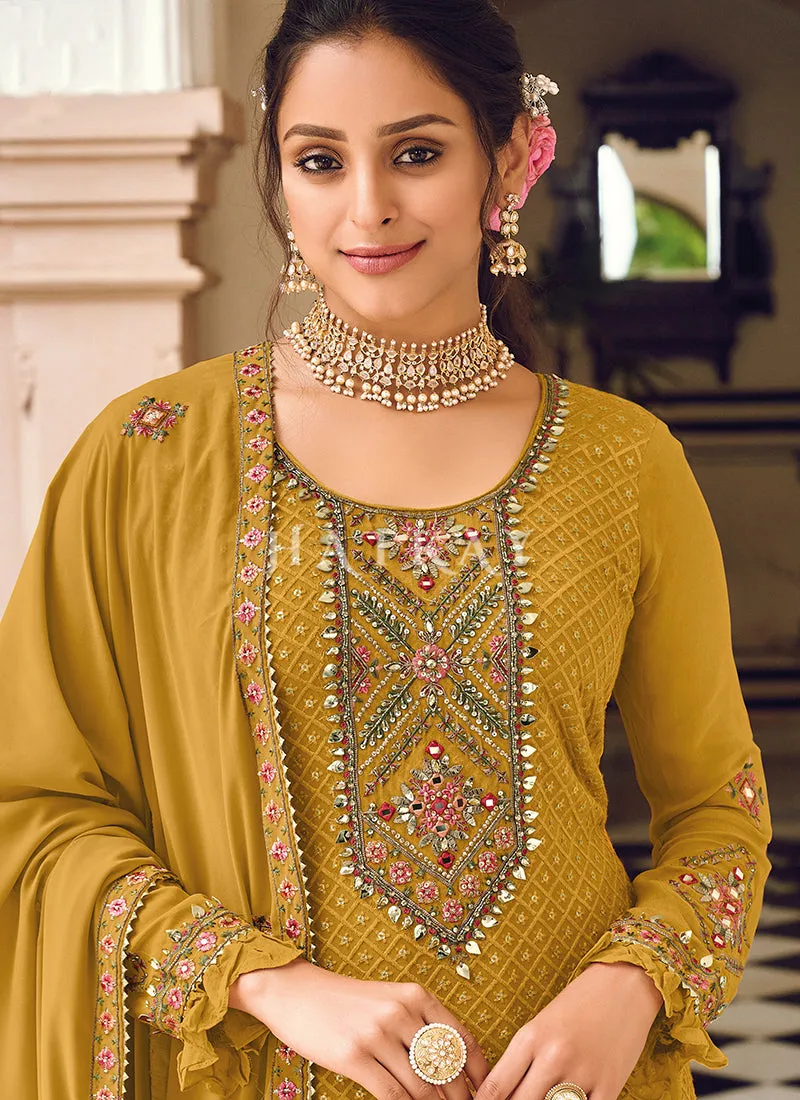 Mustard Yellow Multi Embroidered Pakistani Pant Style Suit