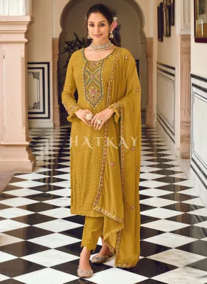 Mustard Yellow Multi Embroidered Pakistani Pant Style Suit