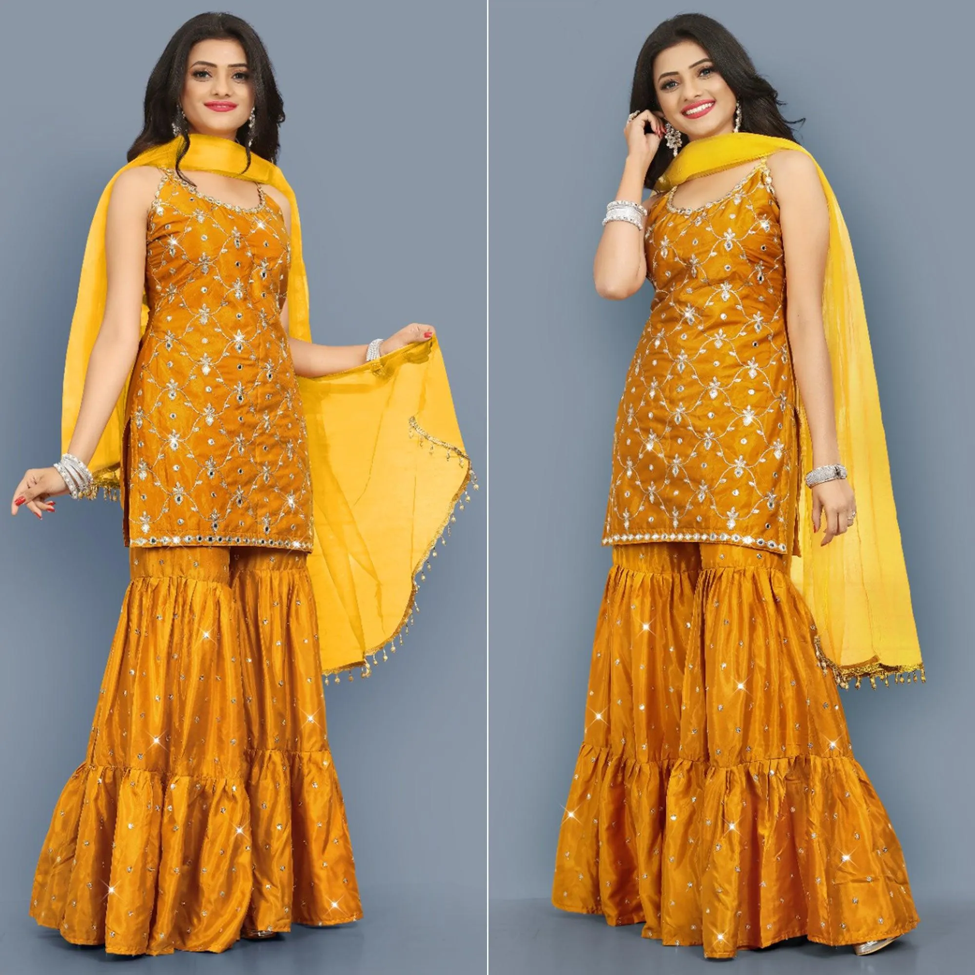 Mustard-Yellow Partywear Zari Embroidery With Mirror Silk Sharara Suit