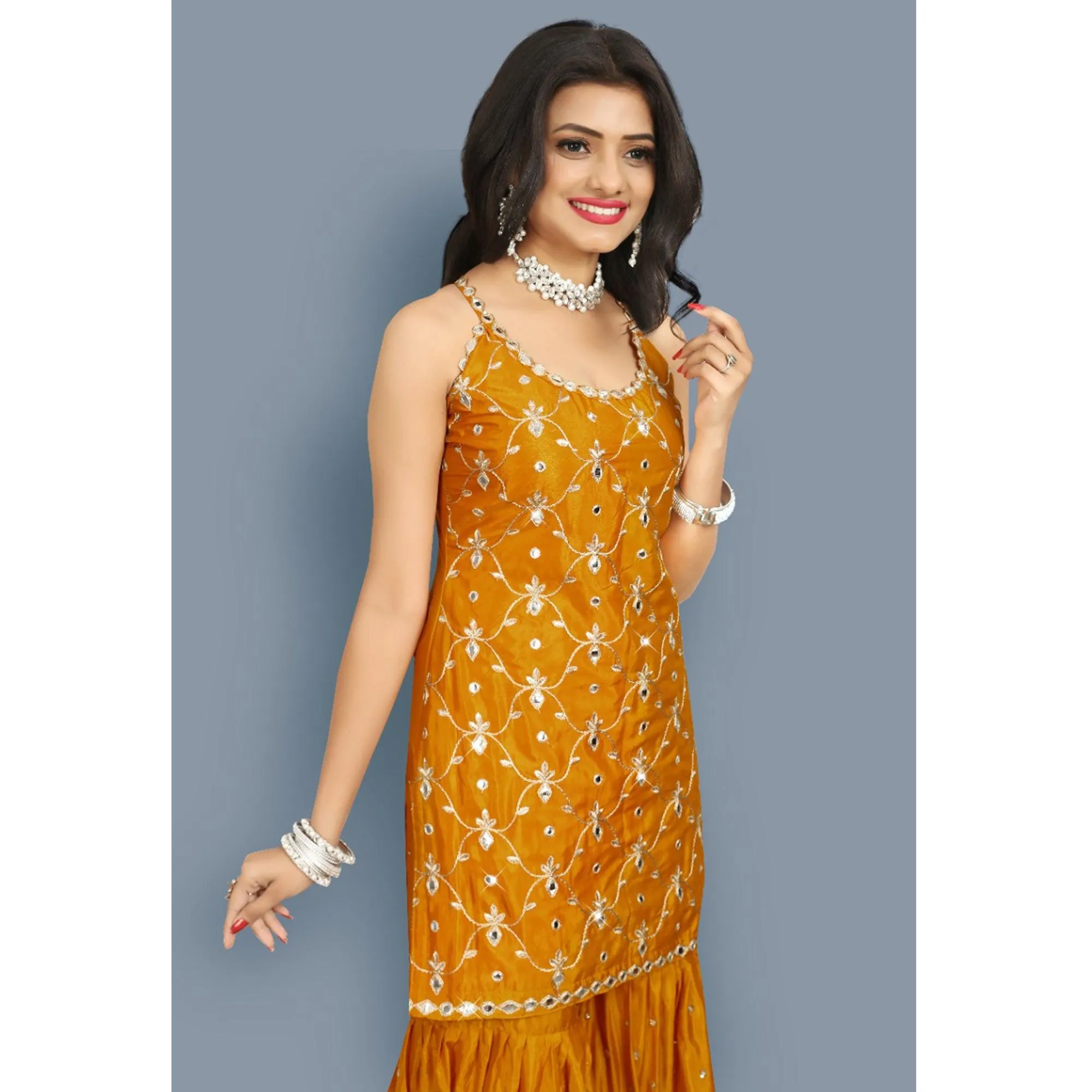 Mustard-Yellow Partywear Zari Embroidery With Mirror Silk Sharara Suit