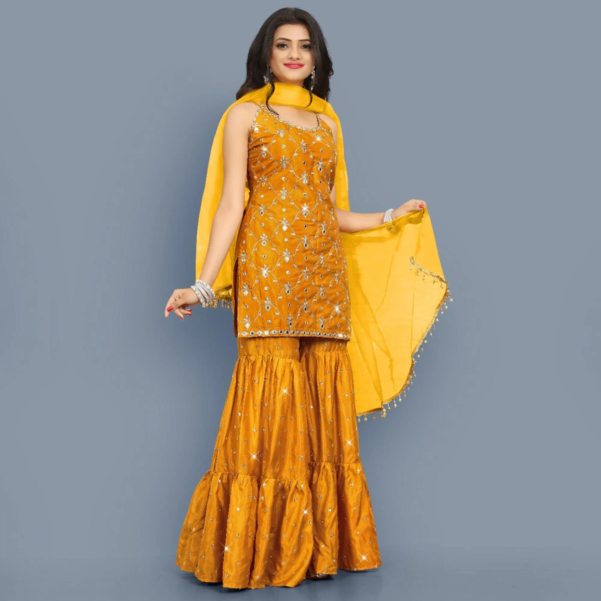 Mustard-Yellow Partywear Zari Embroidery With Mirror Silk Sharara Suit