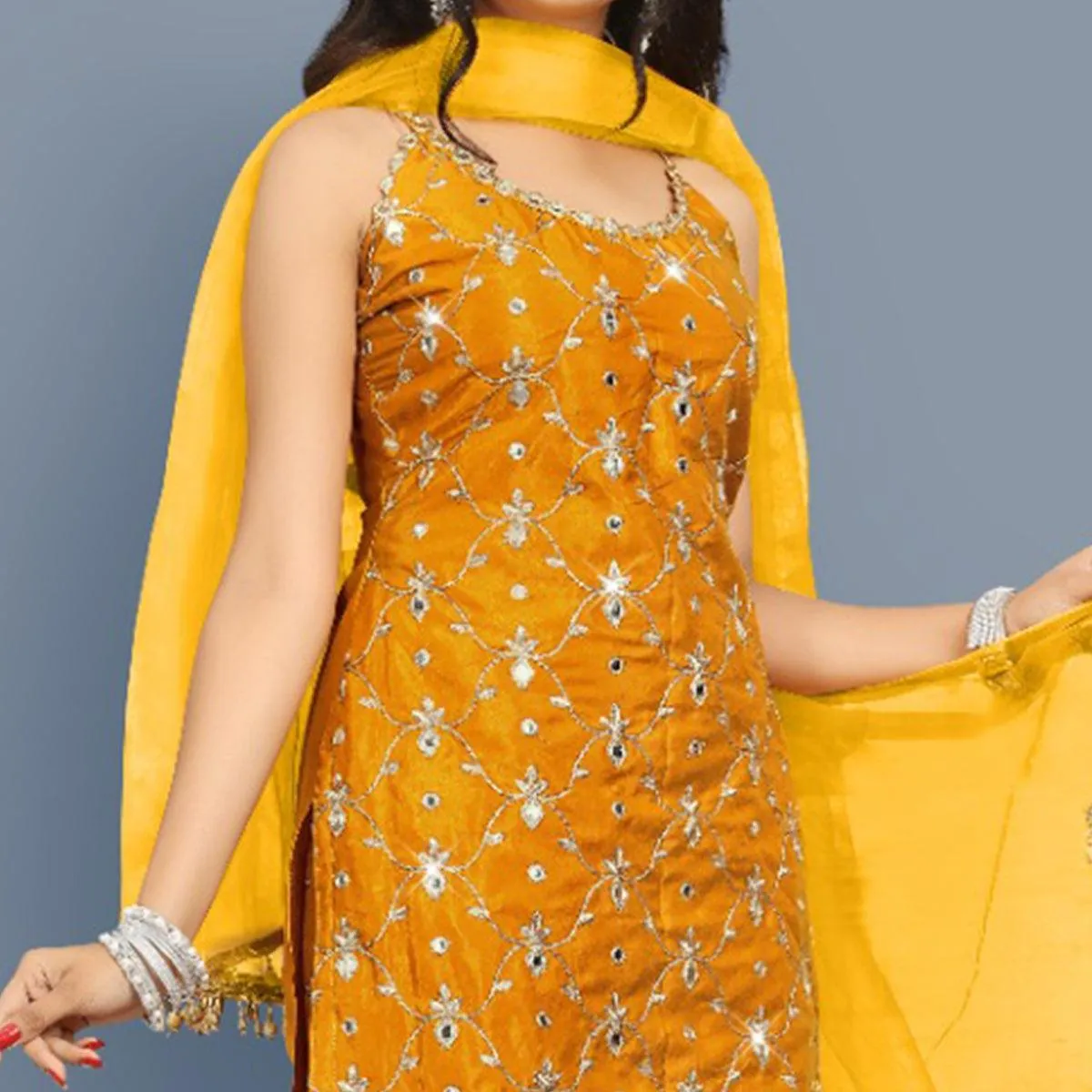 Mustard-Yellow Partywear Zari Embroidery With Mirror Silk Sharara Suit