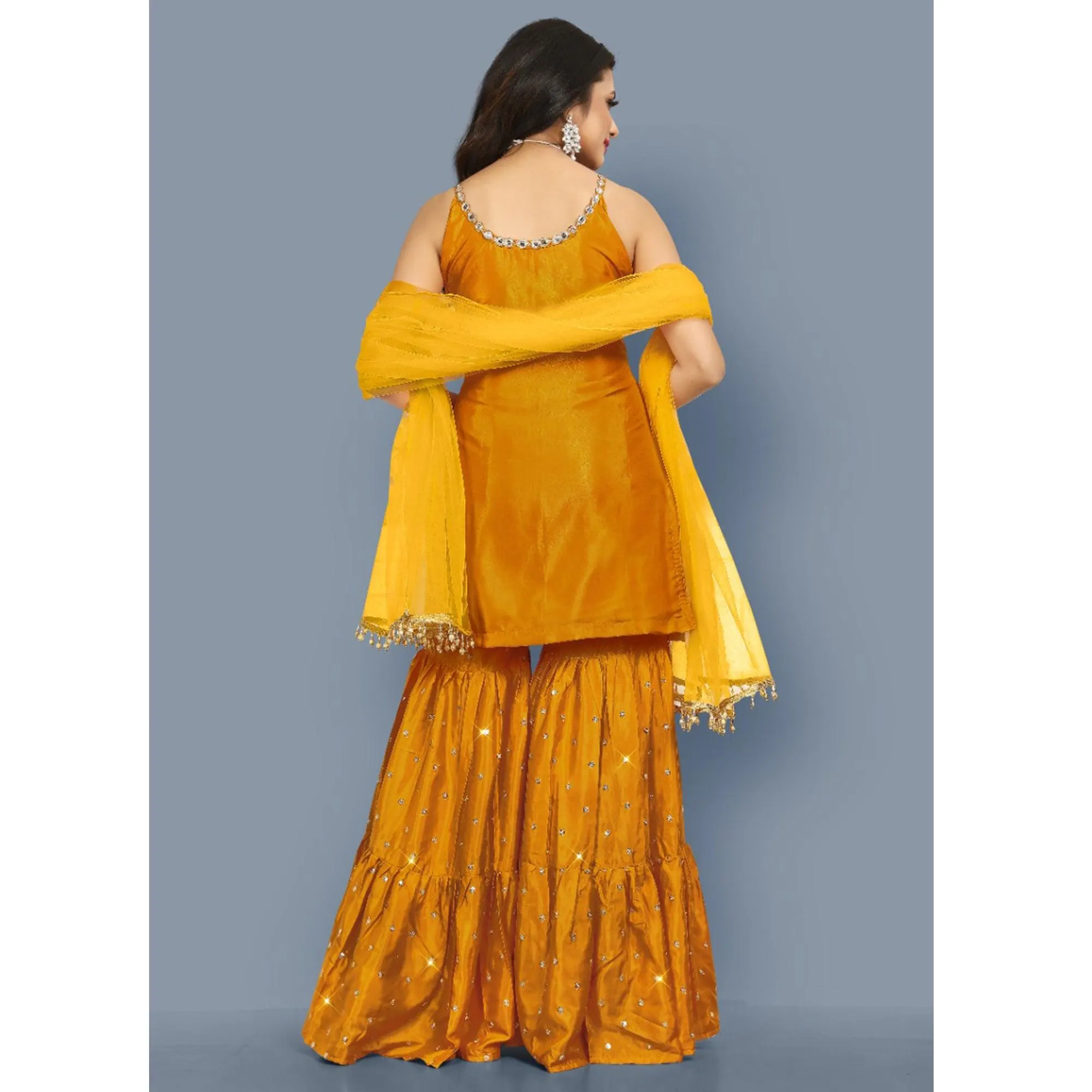 Mustard-Yellow Partywear Zari Embroidery With Mirror Silk Sharara Suit