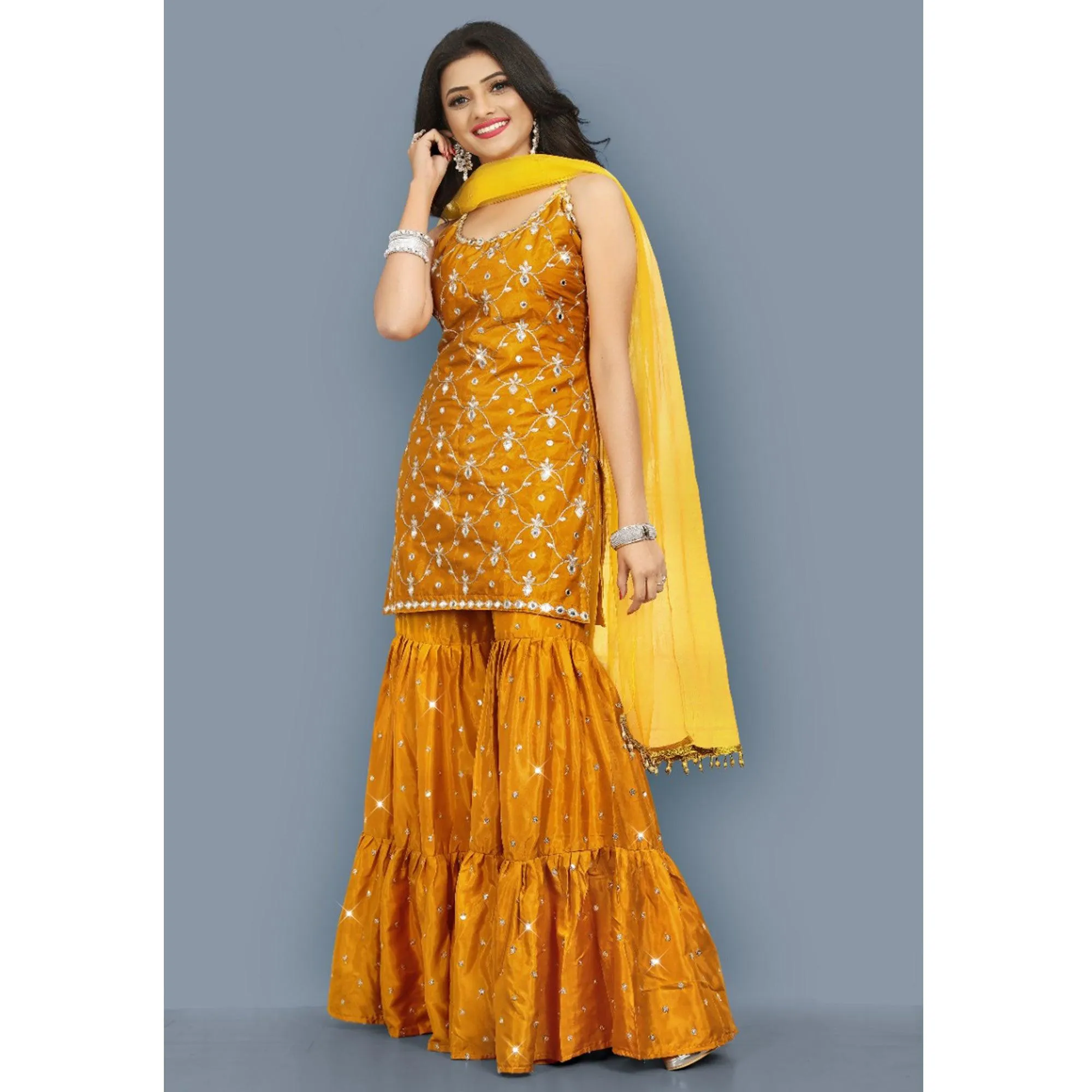 Mustard-Yellow Partywear Zari Embroidery With Mirror Silk Sharara Suit