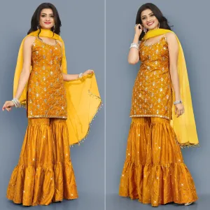 Mustard-Yellow Partywear Zari Embroidery With Mirror Silk Sharara Suit