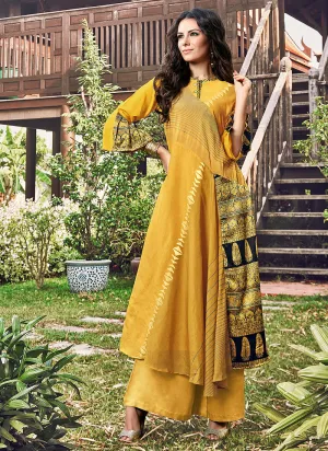 Mustard Yellow Printed And Embroidered Kurti