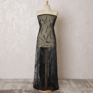 Mystic Black and Grey Nylon Tulle Fabric with Abstract Embroidery - 140cm Wide-D19274