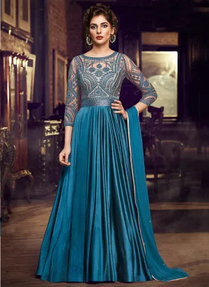 Mystic Blue Minimalist Embroidered Designer Gown