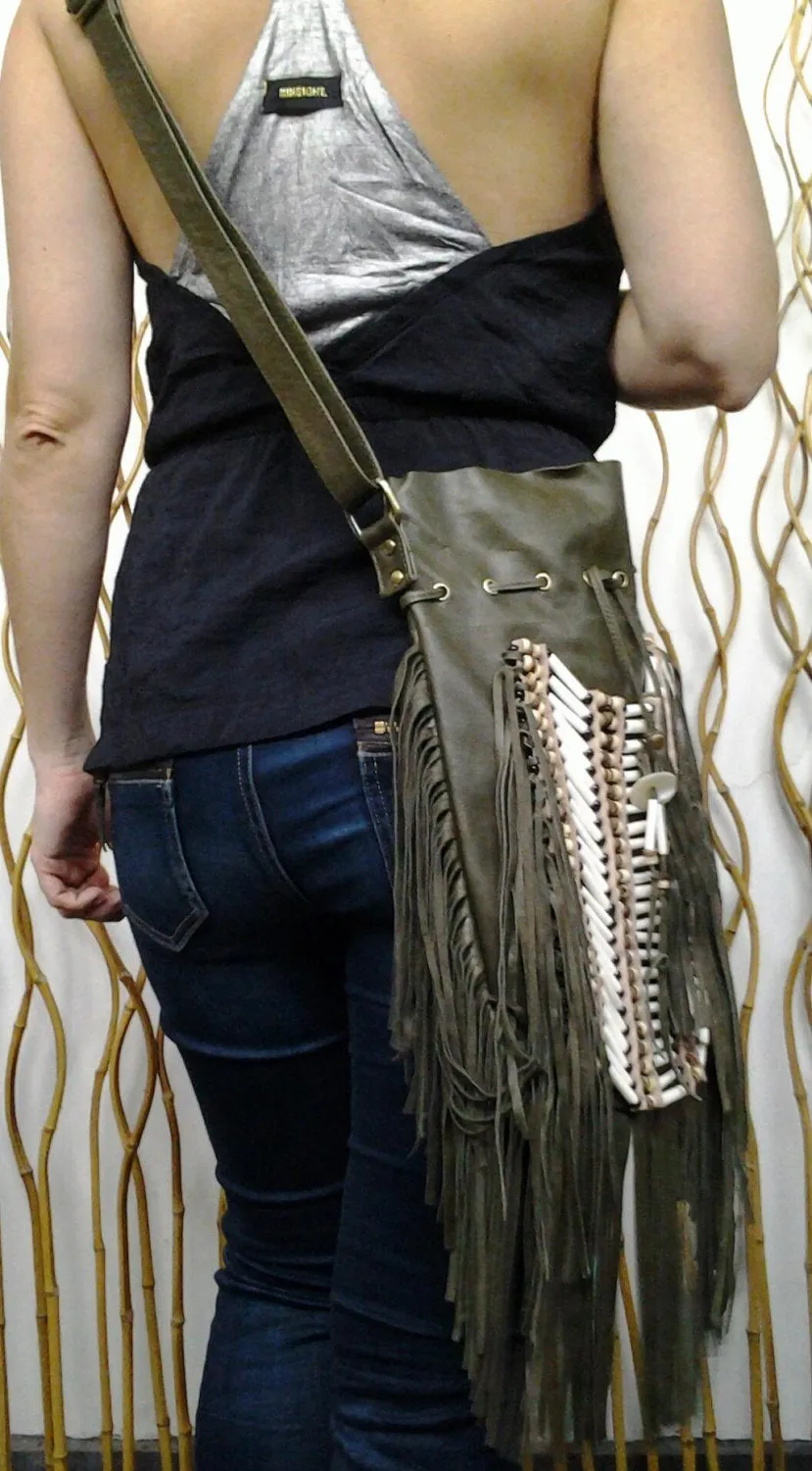 N44G- Reduced Price!! Big Olive Green  Indian leather Handbag, Native American Style bag. Crossbody bag