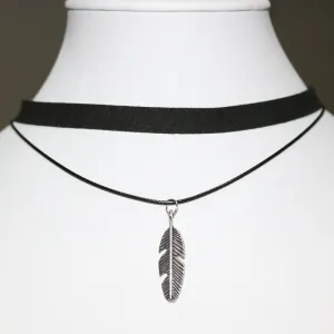 N900 Gothic Chokers Necklaces Women Feather Pendant Colier Black Velvet Double Layer Collares Fashion Jewelry Vintage Bijoux