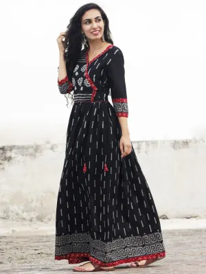 Naaz Afna - Black Ivory Grey  Maroon Hand Block Printed Angrakha Dress With Gathers -  DS19F001