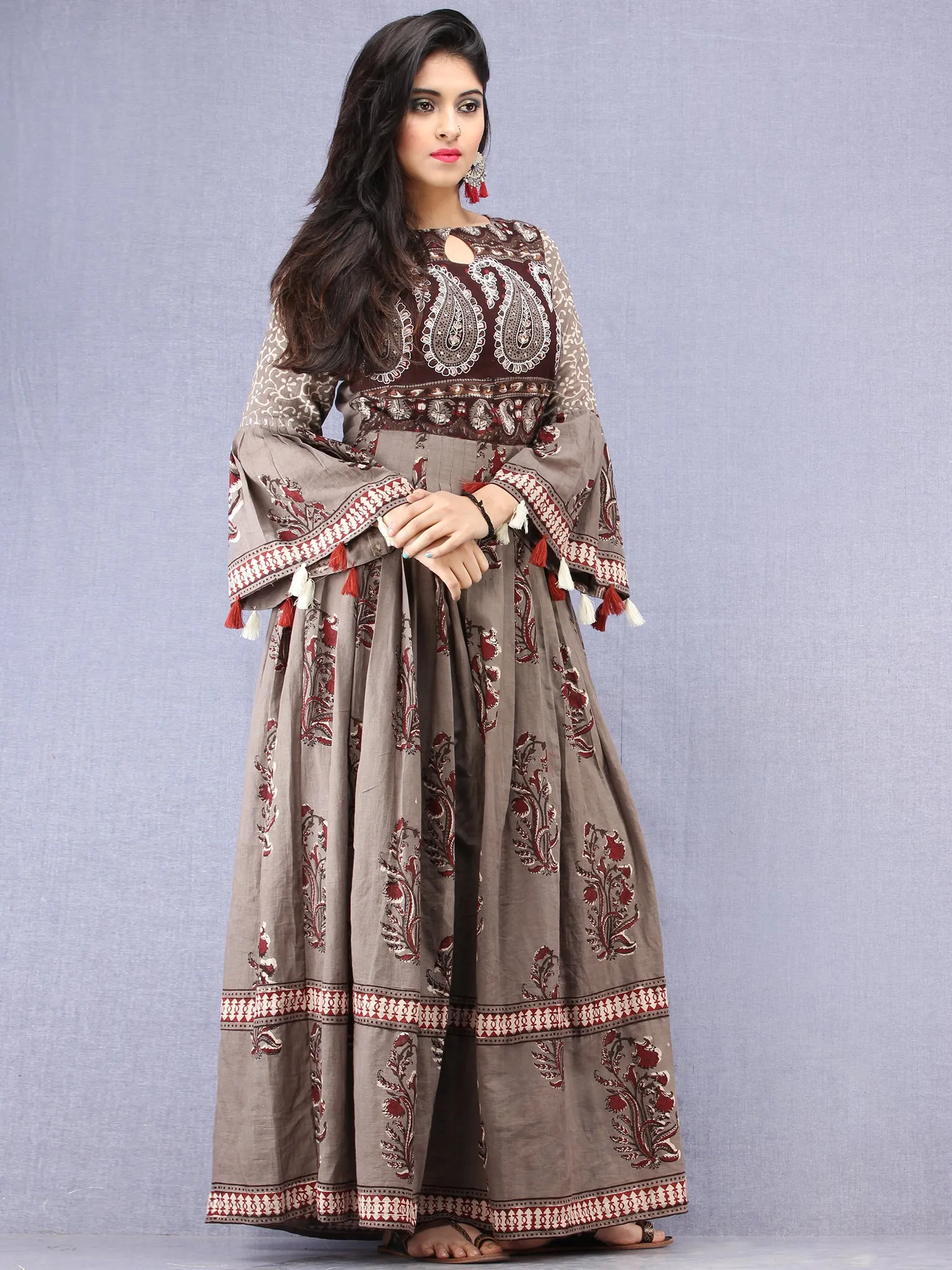 Naaz Asmaa - Hand Block Mughal Printed Long Cotton Embroidered Dress - DS105F001