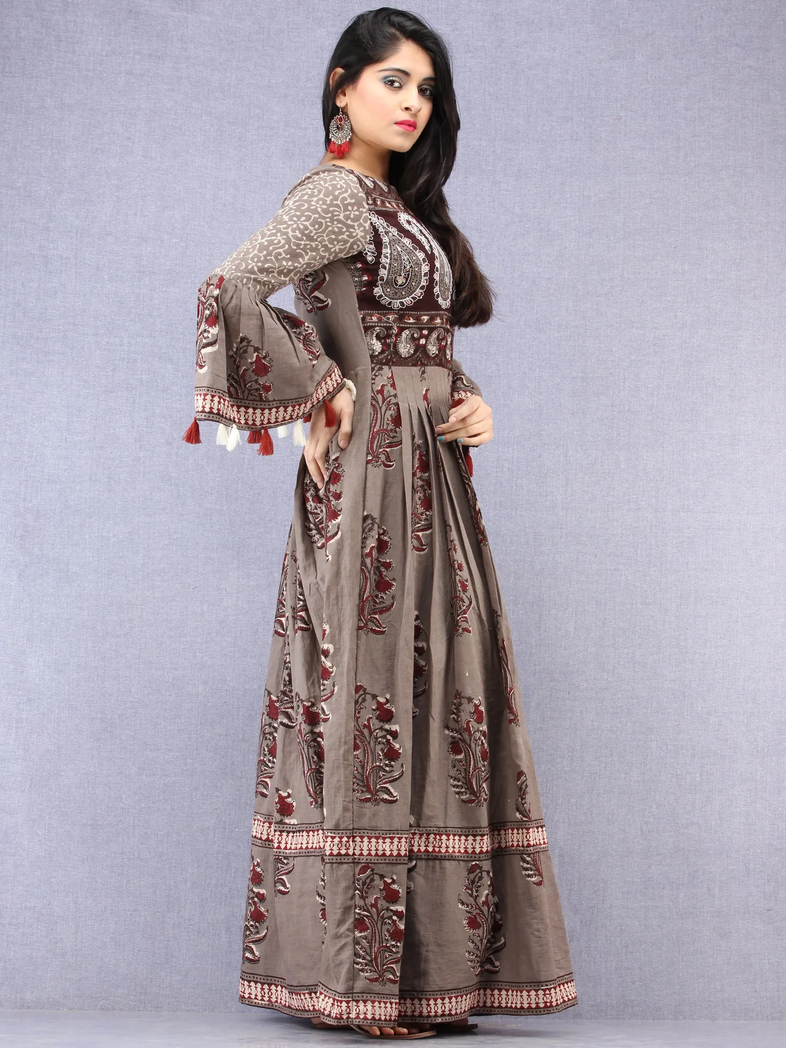 Naaz Asmaa - Hand Block Mughal Printed Long Cotton Embroidered Dress - DS105F001