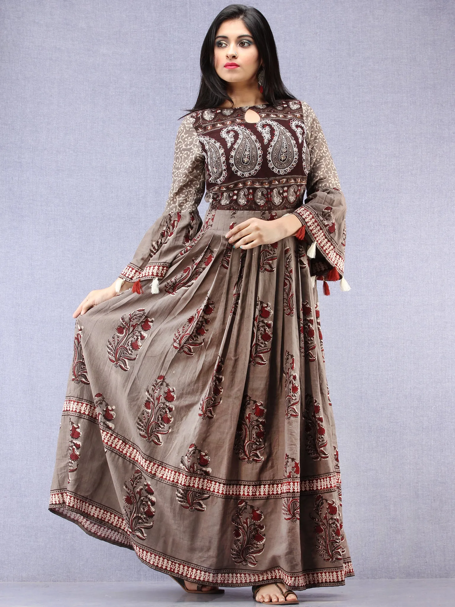 Naaz Asmaa - Hand Block Mughal Printed Long Cotton Embroidered Dress - DS105F001