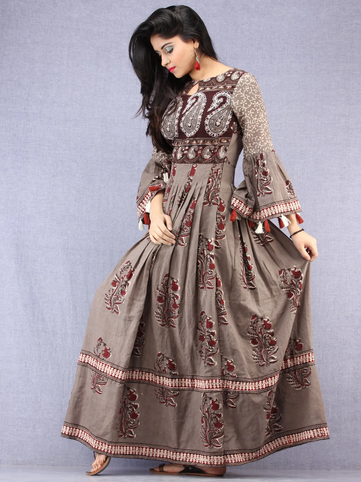 Naaz Asmaa - Hand Block Mughal Printed Long Cotton Embroidered Dress - DS105F001