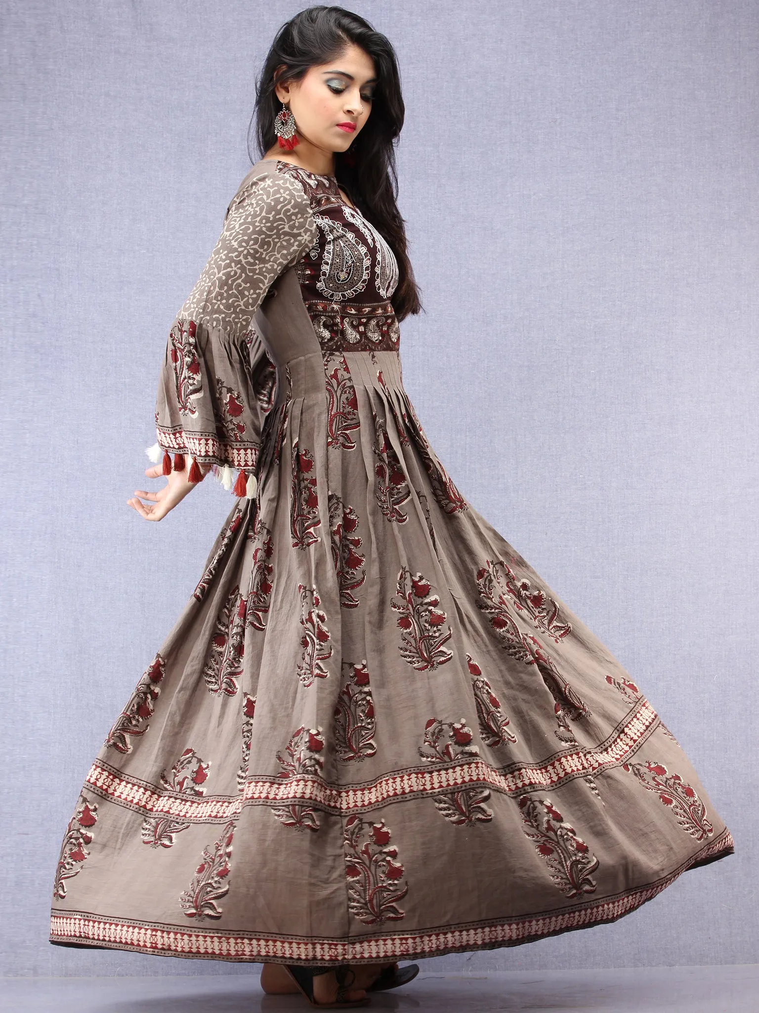 Naaz Asmaa - Hand Block Mughal Printed Long Cotton Embroidered Dress - DS105F001