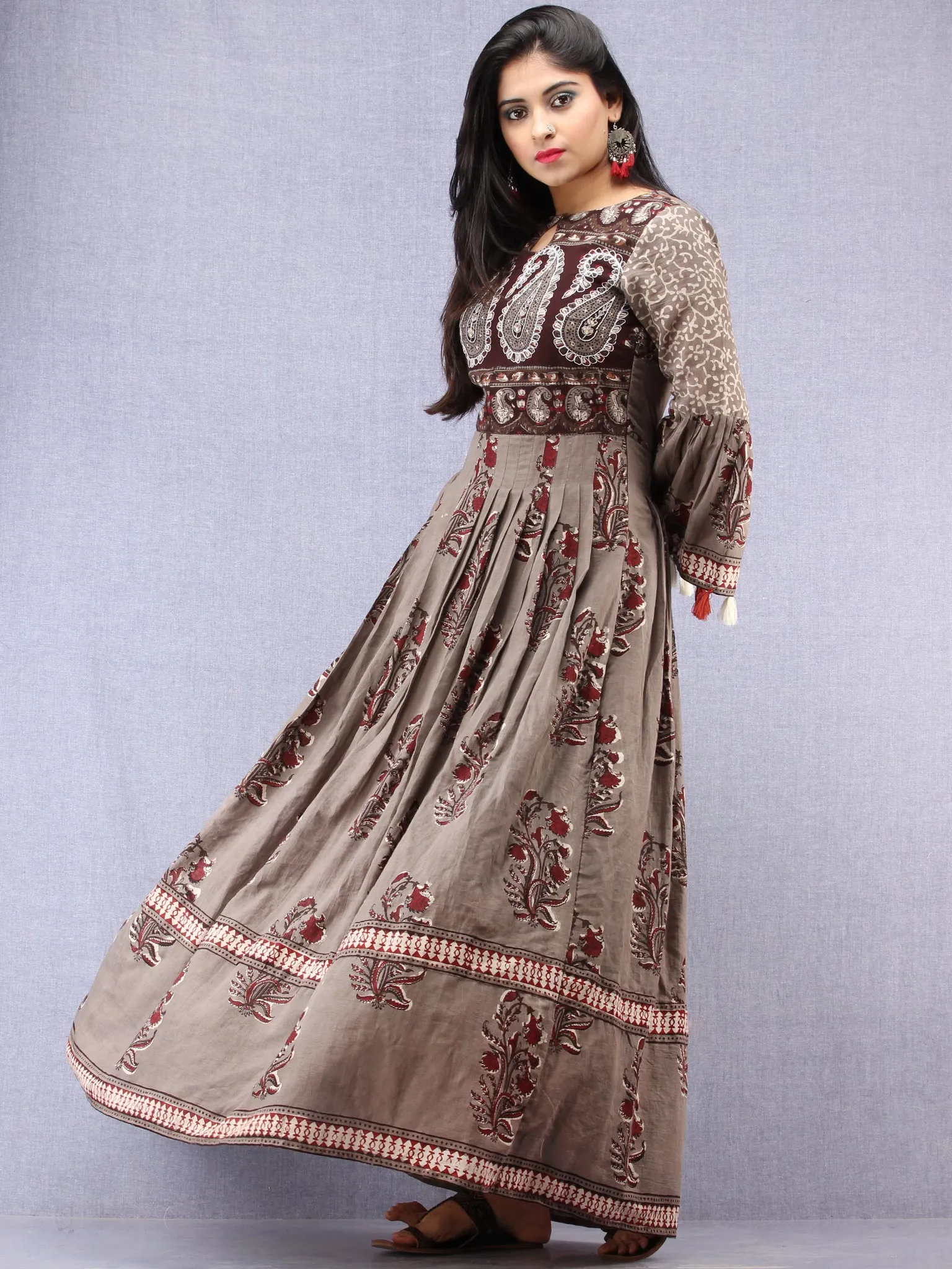 Naaz Asmaa - Hand Block Mughal Printed Long Cotton Embroidered Dress - DS105F001