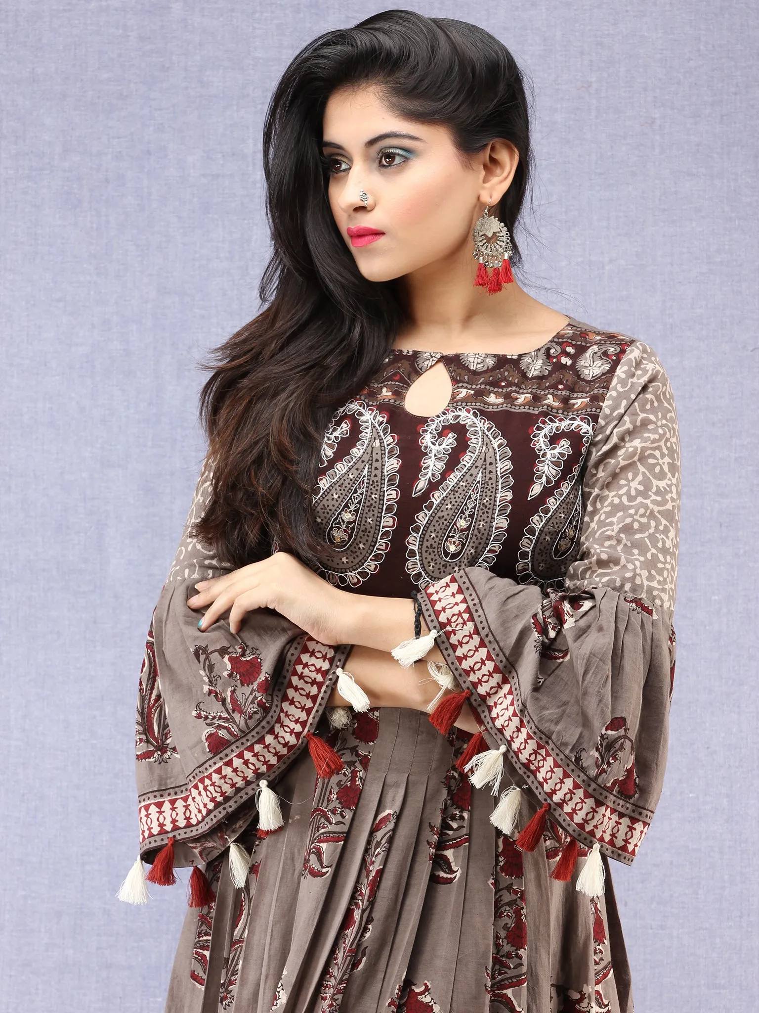 Naaz Asmaa - Hand Block Mughal Printed Long Cotton Embroidered Dress - DS105F001